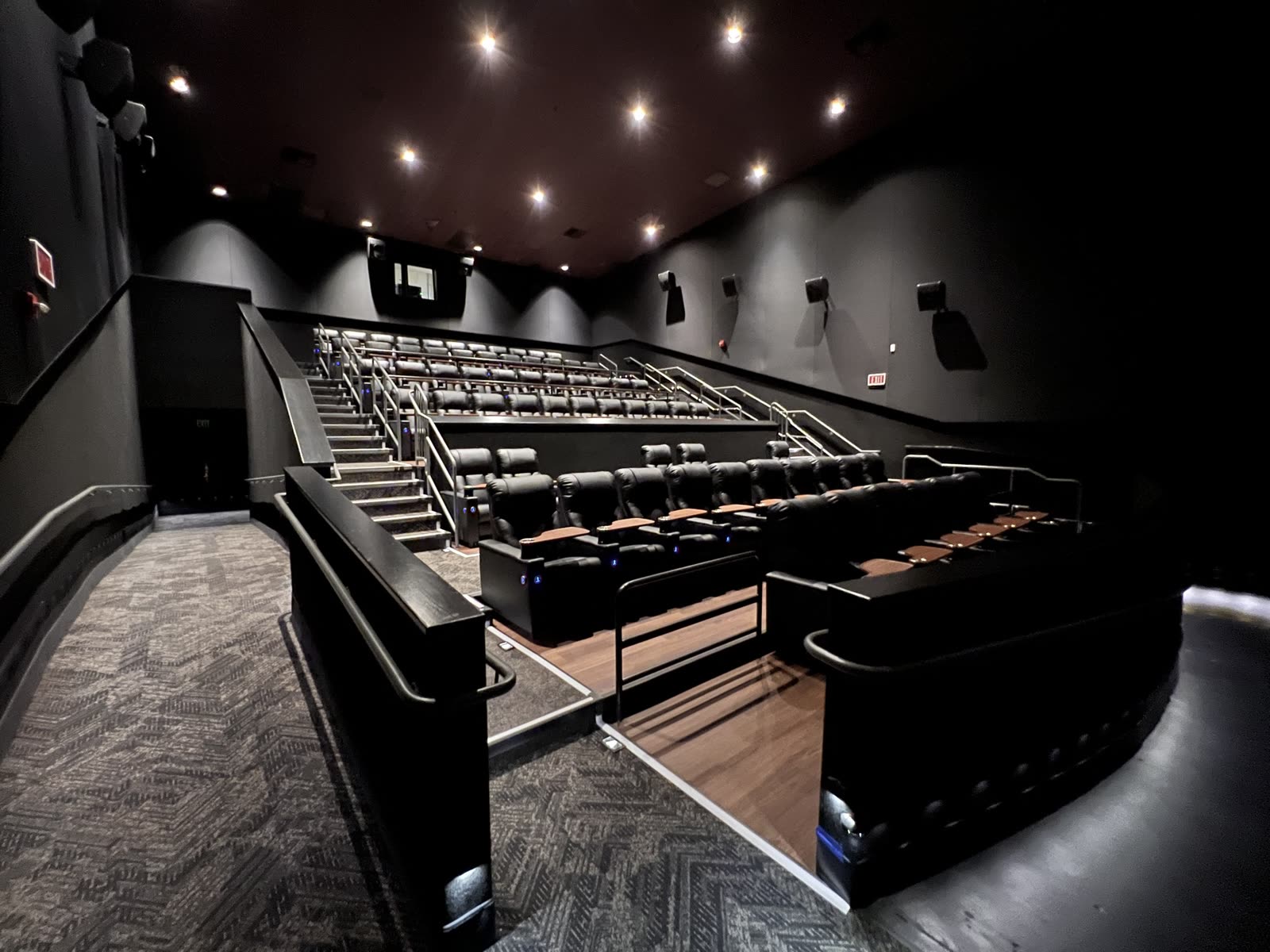 Cinema auditorium from the entry showing the tiered seating platforms, stairs and stainless handrails