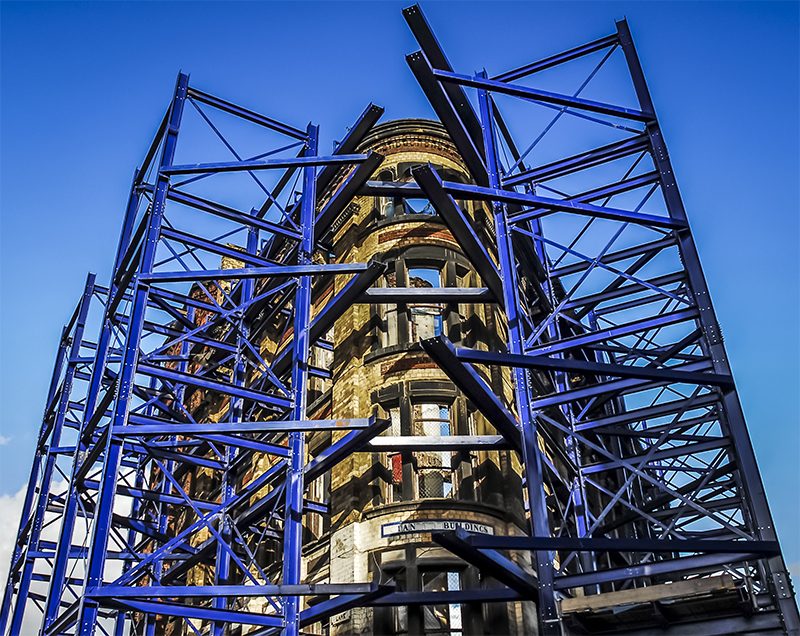 Structural steel frame of an industrial building under construction